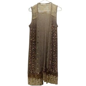 Voice Of California Tand And Brown Beaded Lace Sleeveless Cardigan